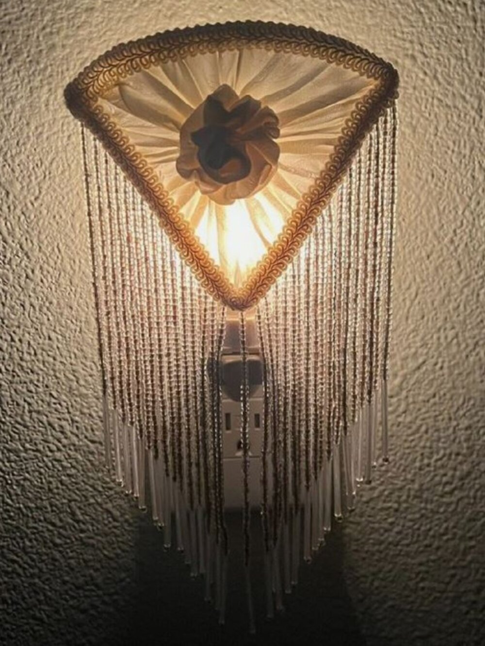 Vintage Ivory Brocade Rosette Half Shade Boudoir Night Light Fringe Applique